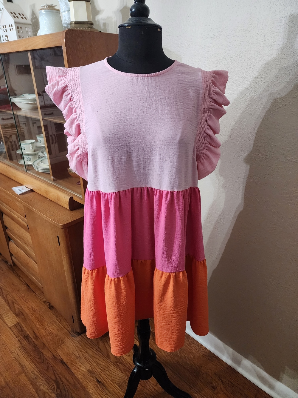 Colorblock Ruffle Tiered Casual Dress in Pink and Orange